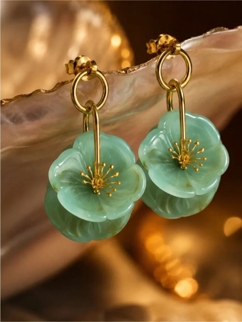 Mint Green Floral Drop Earrings with Gold Hardware